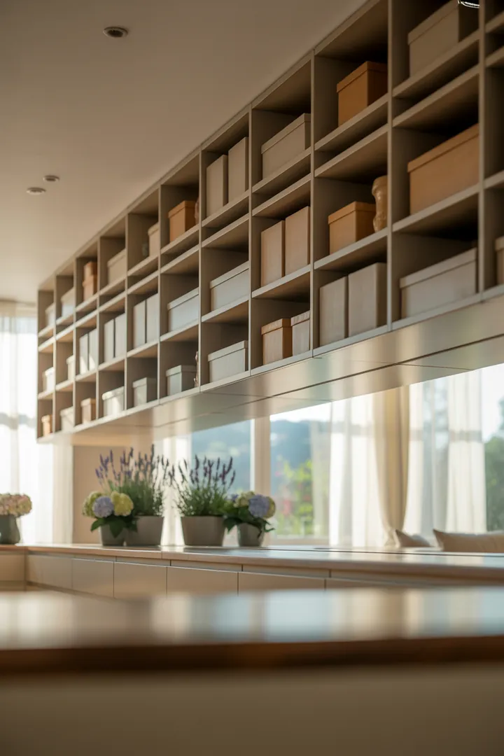 Ein stilvolles Wandregal aus Holz, das mit dekorativen Kisten gefüllt ist, bietet eine praktische und ästhetische Lösung zur Aufbewahrung und Präsentation von Gegenständen in einem modernen Raum.