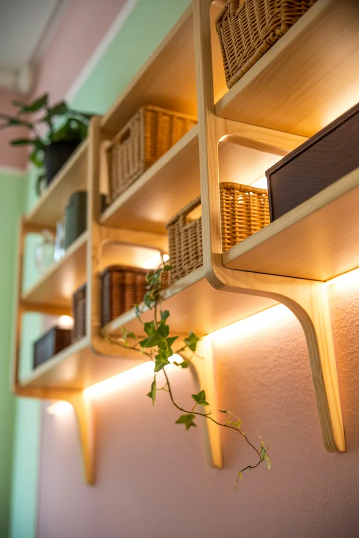 Ein stilvolles Wandregal aus Holz mit dekorativen Kisten, das für zusätzlichen Stauraum sorgt und eine moderne Atmosphäre in jedem Raum schafft.