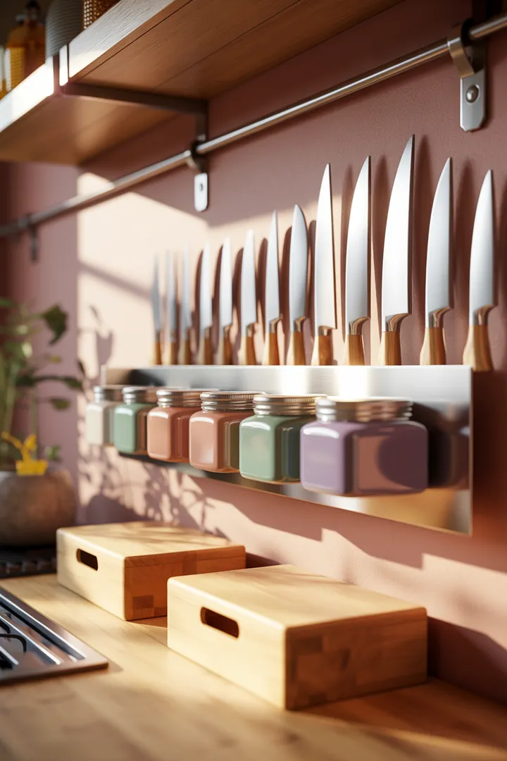 Ein stilvolles Wandregal aus Holz, das mit dekorativen Kisten gefüllt ist, bietet praktischen Stauraum und verleiht dem Raum eine gemütliche Atmosphäre.