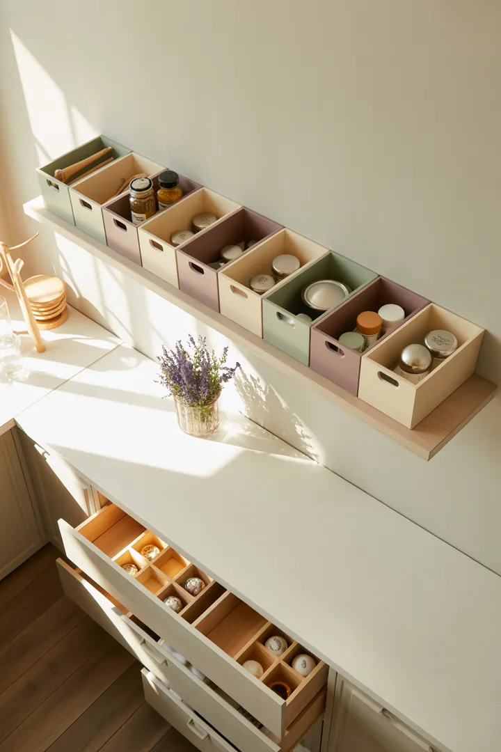 Ein stilvolles Wandregal aus Holz mit dekorativen Kisten, das ideal für die Aufbewahrung in einem modernen Schrank ist.