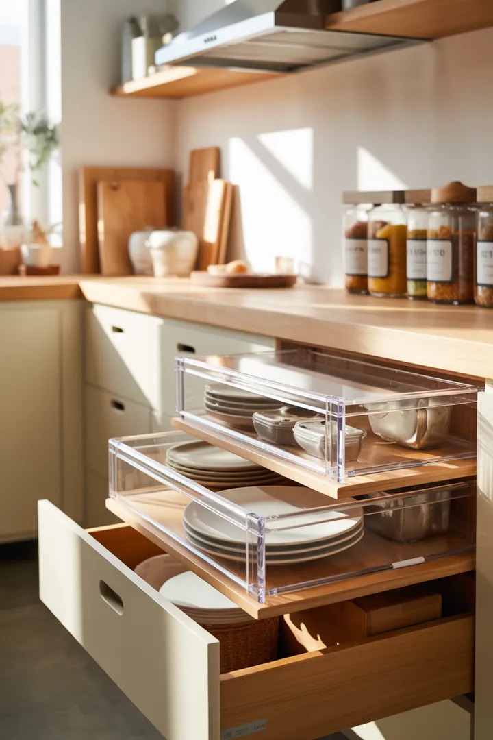 Ein stilvolles Wandregal aus Holz, das mit dekorativen Kisten gefüllt ist und eleganten Stauraum bietet. Ideal für jedes Zuhause.