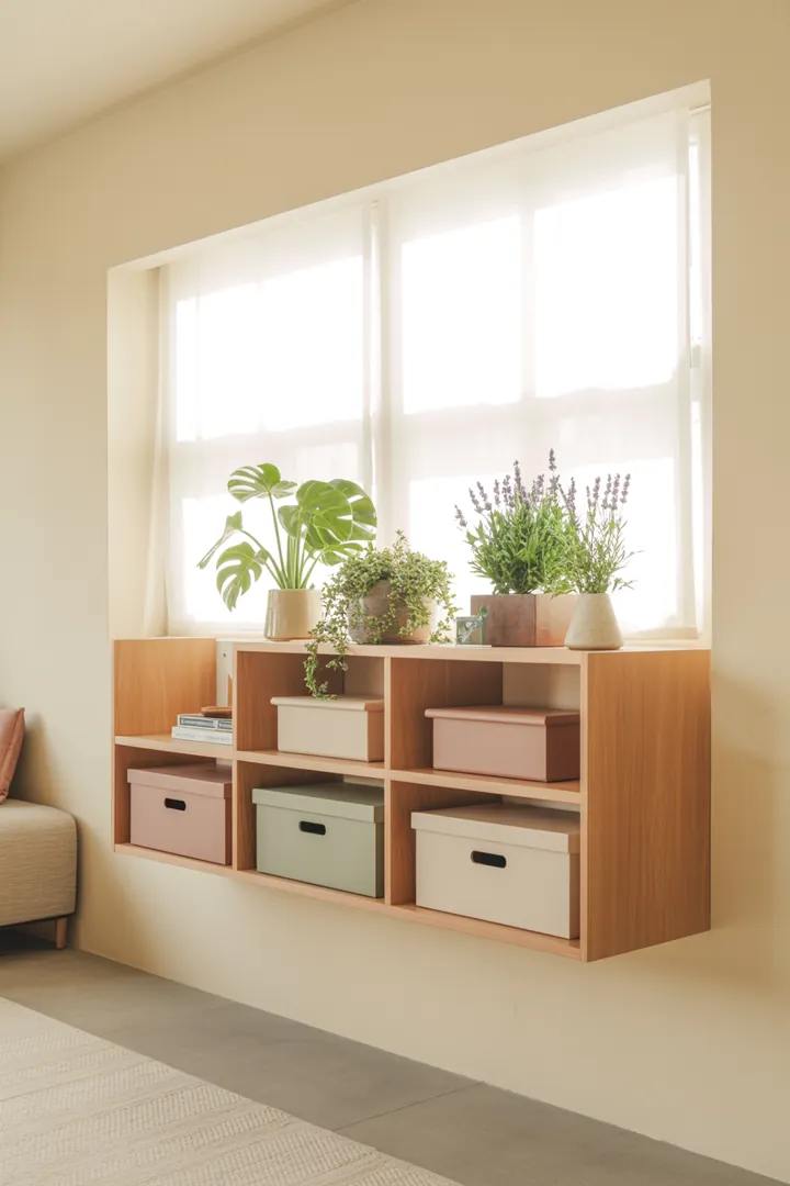 Ein stilvolles Wandregal aus Holz mit dekorativen Kisten, ideal zur Aufbewahrung und Präsentation von Gegenständen in einem modernen Raum.