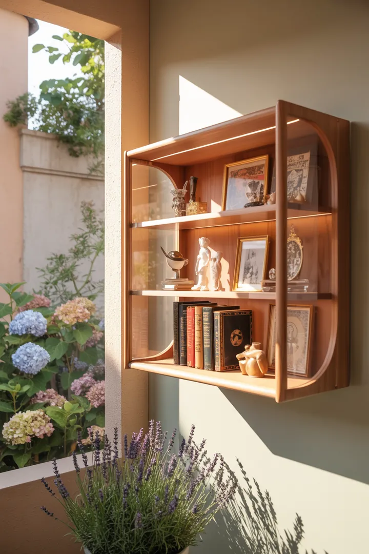 Ein stilvolles Wandregal aus Holz, das mit dekorativen Kisten gefüllt ist und als praktischer Schrank für Stauraum dient.