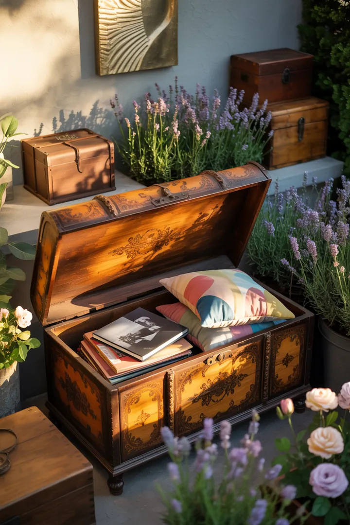 Ein stilvolles Wandregal aus Holz, das mit dekorativen Kisten gefüllt ist, bietet zusätzlichen Stauraum und eine ansprechende Präsentation für Bücher und Accessoires.