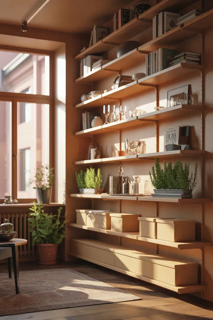 Ein stilvolles Wandregal aus Holz mit dekorativen Kisten, das einen modernen Raum organisiert und als praktischer Schrank dient.