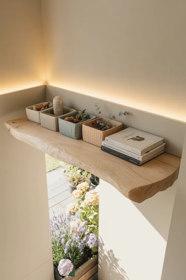 Ein elegantes Wandregal aus Holz, das verschiedene Kisten zur Aufbewahrung hübsch präsentiert und den Raum stilvoll ergänzt.