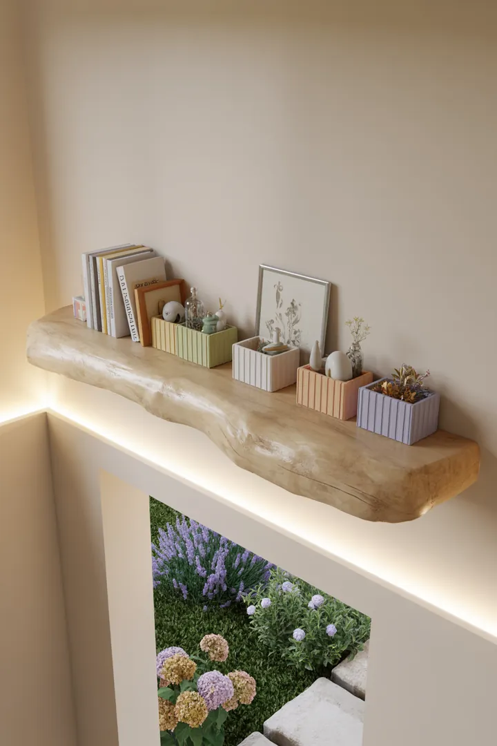 Ein stilvolles Wandregal aus Holz, das elegant mit dekorativen Kisten gefüllt ist und als praktischer Schrank dient, um Ordnung zu schaffen.