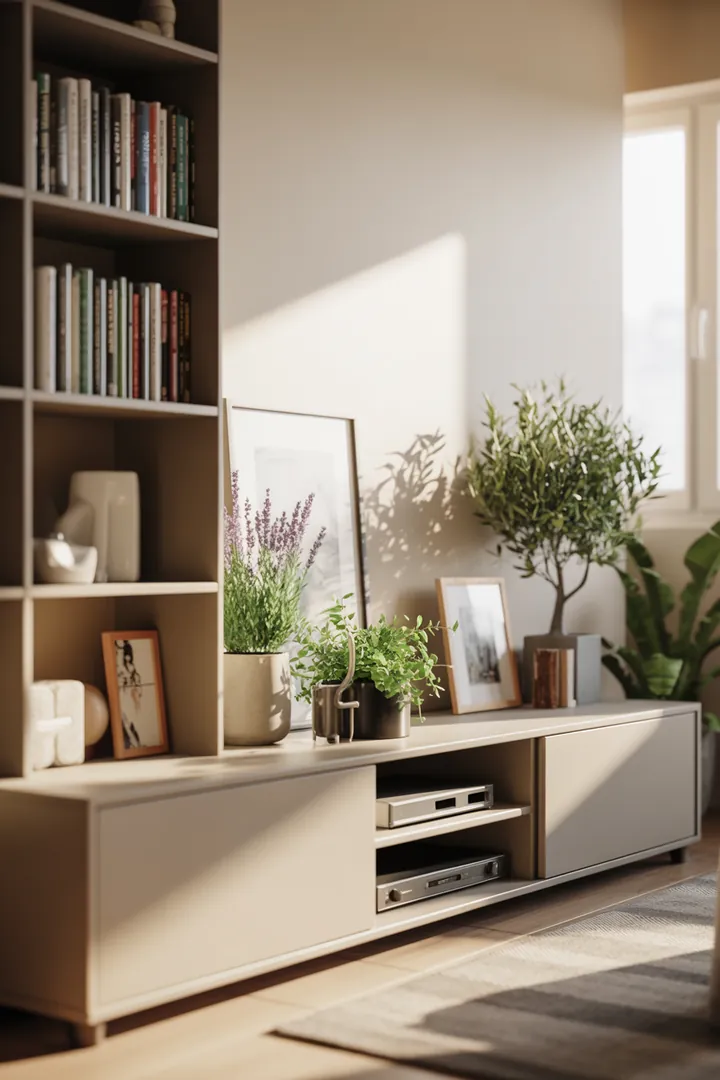 Ein stilvolles Wandregal aus Holz, das mit dekorativen Kisten gefüllt ist und modernen Stauraum bietet, ideal für jedes Zimmer.