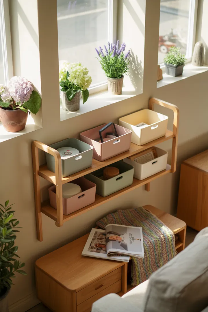 Ein stilvolles Wandregal aus Holz mit dekorativen Kisten, perfekt zur Aufbewahrung von Gegenständen und zur Verschönerung des Wohnraums.