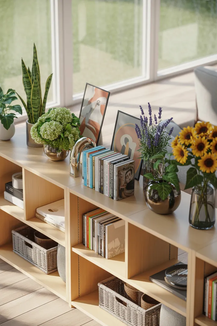 Ein stilvolles Wandregal aus Holz, das mit dekorativen Kisten gefüllt ist, bietet eine praktische und ästhetische Lösung für die Aufbewahrung in jedem Raum.