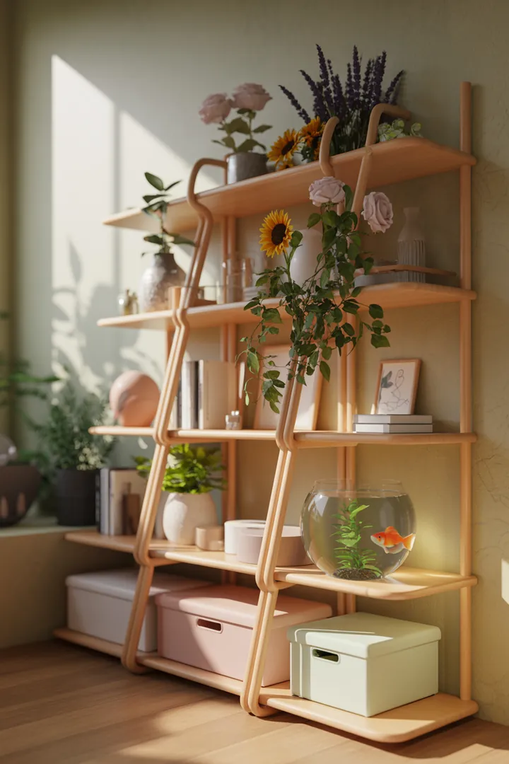 Ein stilvolles Wandregal aus Holz, das Kisten für praktischen Stauraum nutzt und harmonisch in einem modernen Schrank integriert ist.