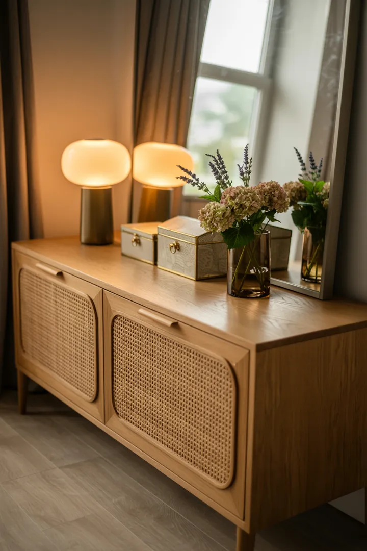 Ein stilvolles Wandregal aus Holz mit dekorativen Kisten, das einen modernen Schrank ergänzt und perfekten Stauraum bietet.