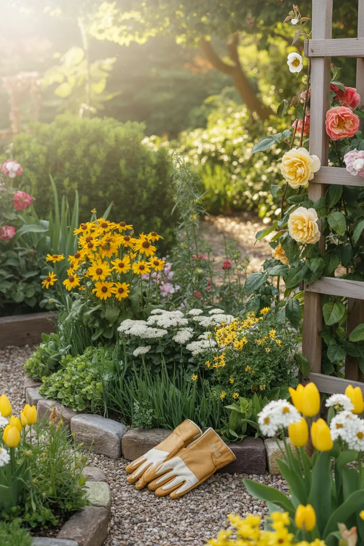 Farbenfrohe Pflanzenarrangements mit farbenfrohen Blüten, umgeben von einer dekorativen Begrenzung, während Gartenwerkzeuge auf dem Boden liegen.