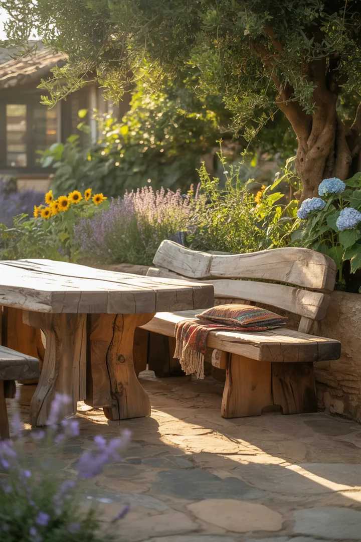 Ein kreatives DIY-Projekt zeigt eine stilvolle Gartenbank aus wiederverwendetem Holz, ideal für individuelle Heim- und Gartenprojekte.