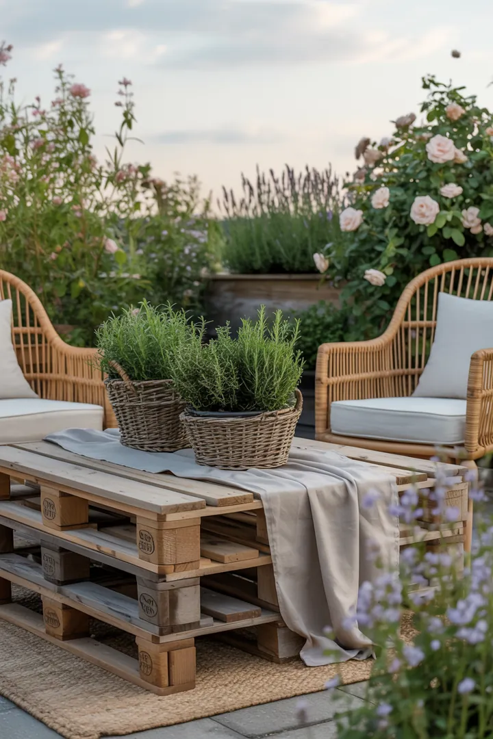 Kreativ gestaltete Sitzgelegenheit aus wiederverwendetem Holz, ideal für den Außenbereich, perfekt für DIY-Projekte und umweltfreundliche Möbelgestaltungen.