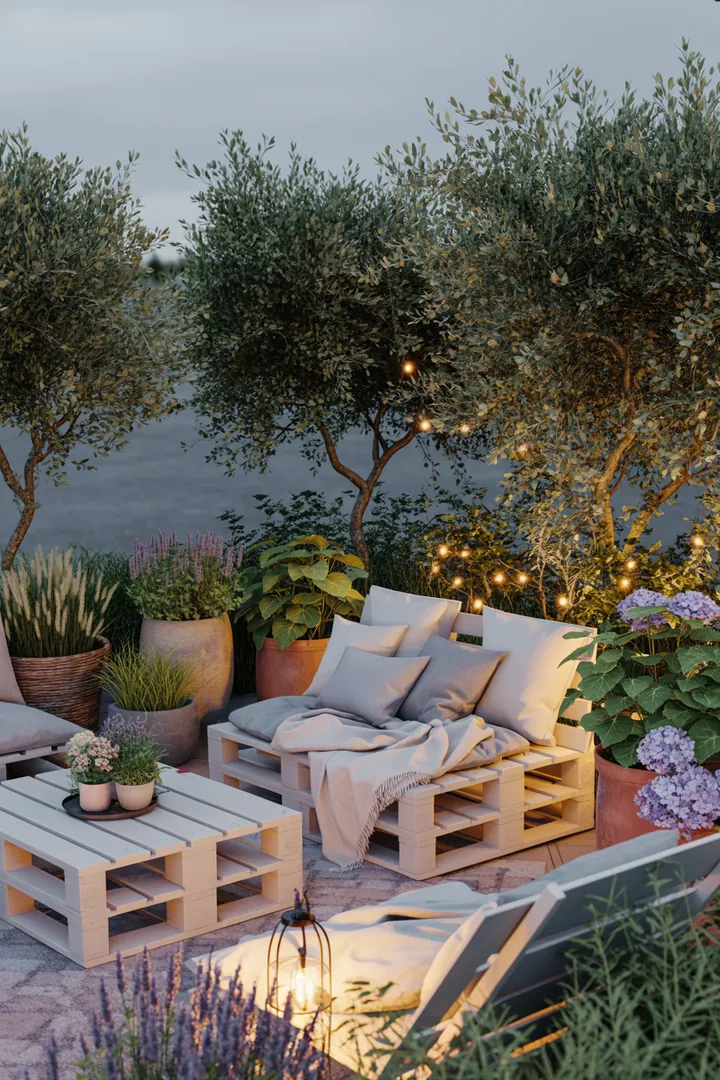 Kreative Sitzgelegenheit aus wiederverwendetem Holz, ideal für den Garten, inspiriert vom DIY-Trend und nachhaltigem Lebensstil.