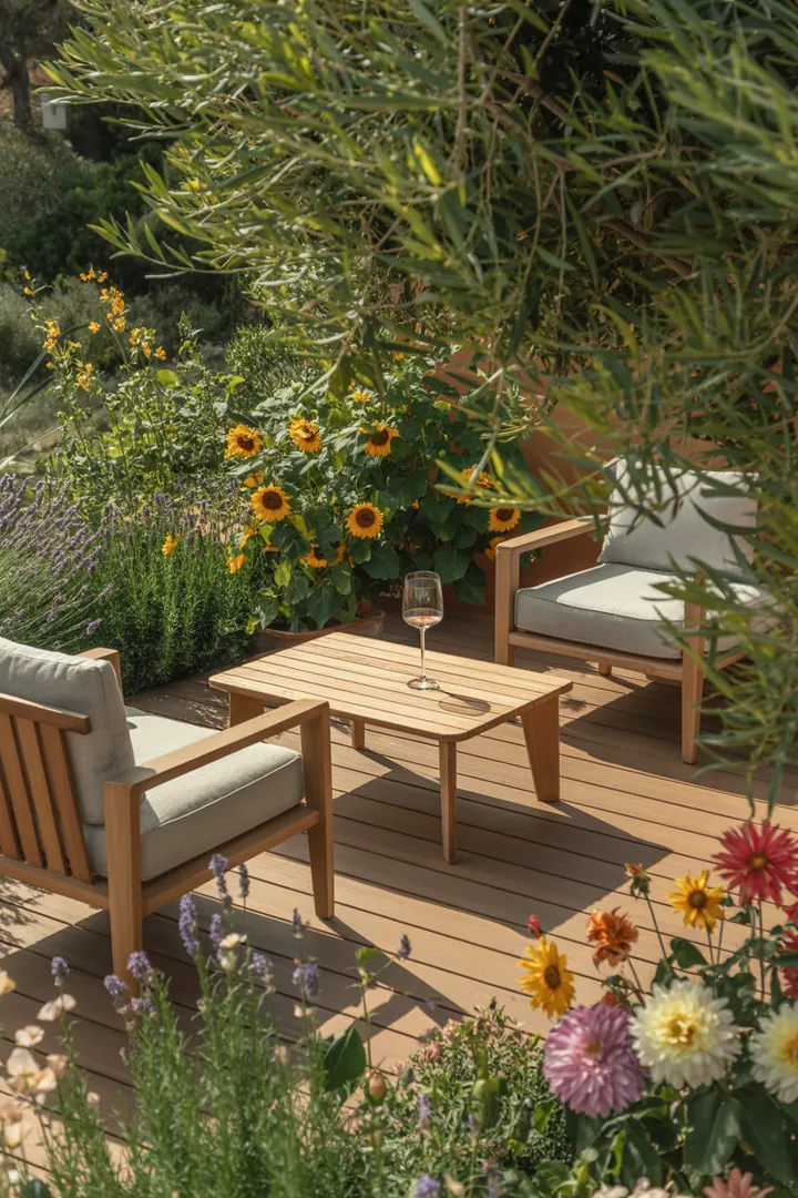 Elegante Sitzgruppe im Freien, die stilvolle Materialien und zeitgemäße Formen kombiniert, ideal für anspruchsvolles Outdoor-Design.