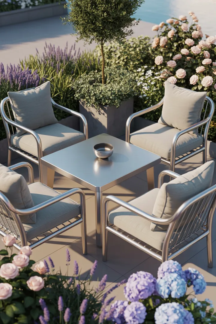 Elegante Sitzgruppe für den Außenbereich, die mit stilvollen Linien und hochwertiger Verarbeitung beeindruckt – ideal für zeitgemäße Gestaltungstrends.