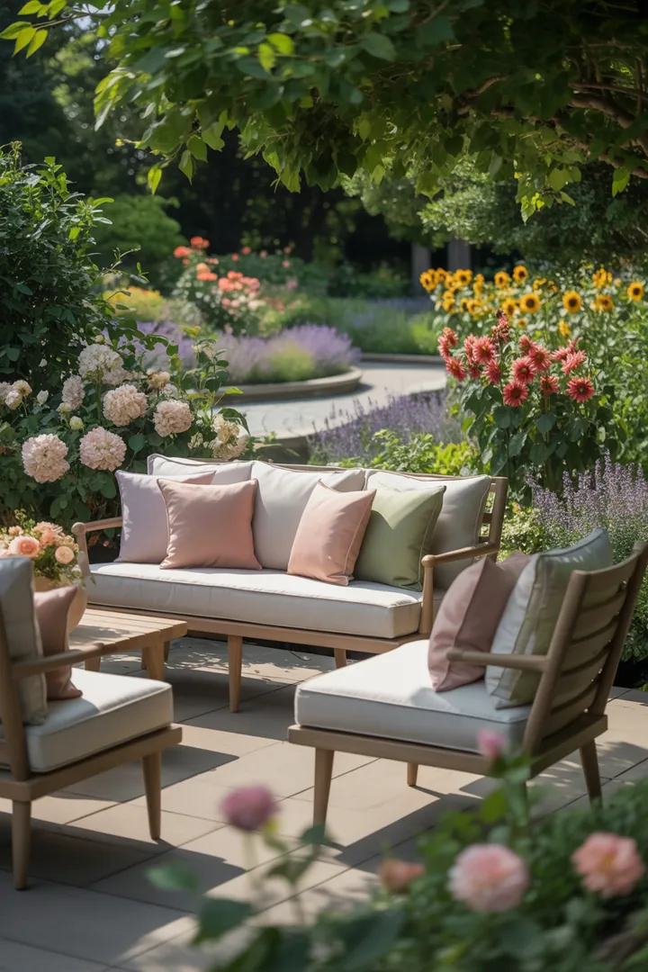 Elegant gestalteter Außenbereich mit stilvollen Möbelkombinationen, die kreative Ideen und Inspiration für eine ansprechende Terrassengestaltung bieten.