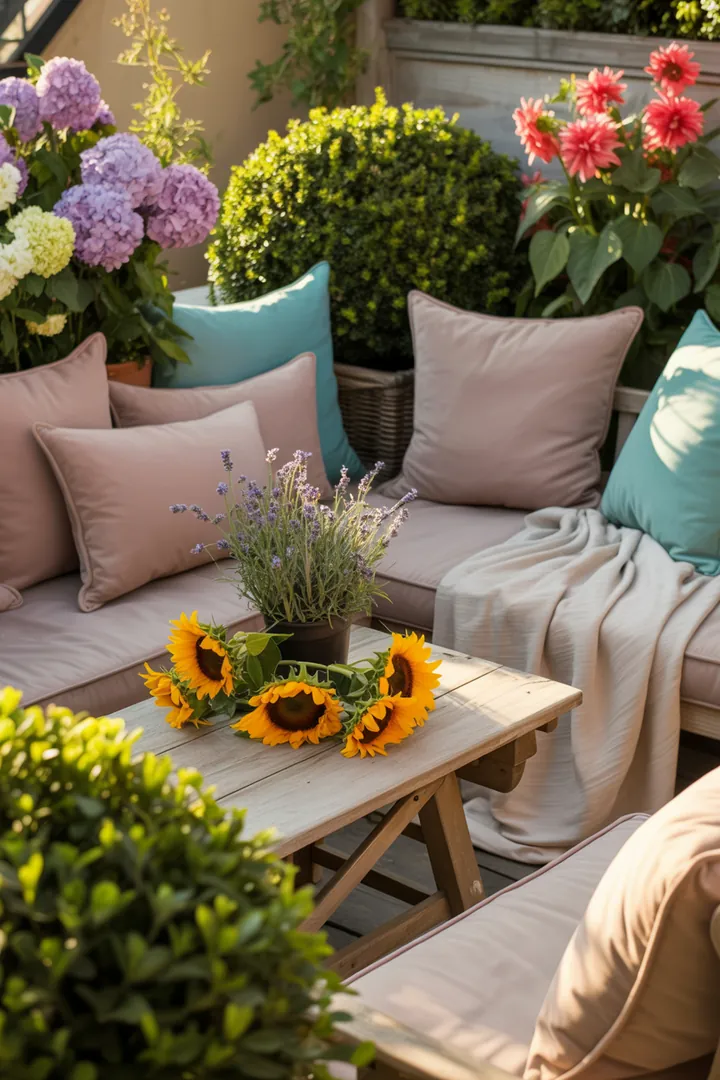 „Gemütliche Outdoor-Arrangement mit stilvollen Möbeln, die kreative Ideen für die Gestaltung von Terrassen und inspirierendes Styling bieten.“