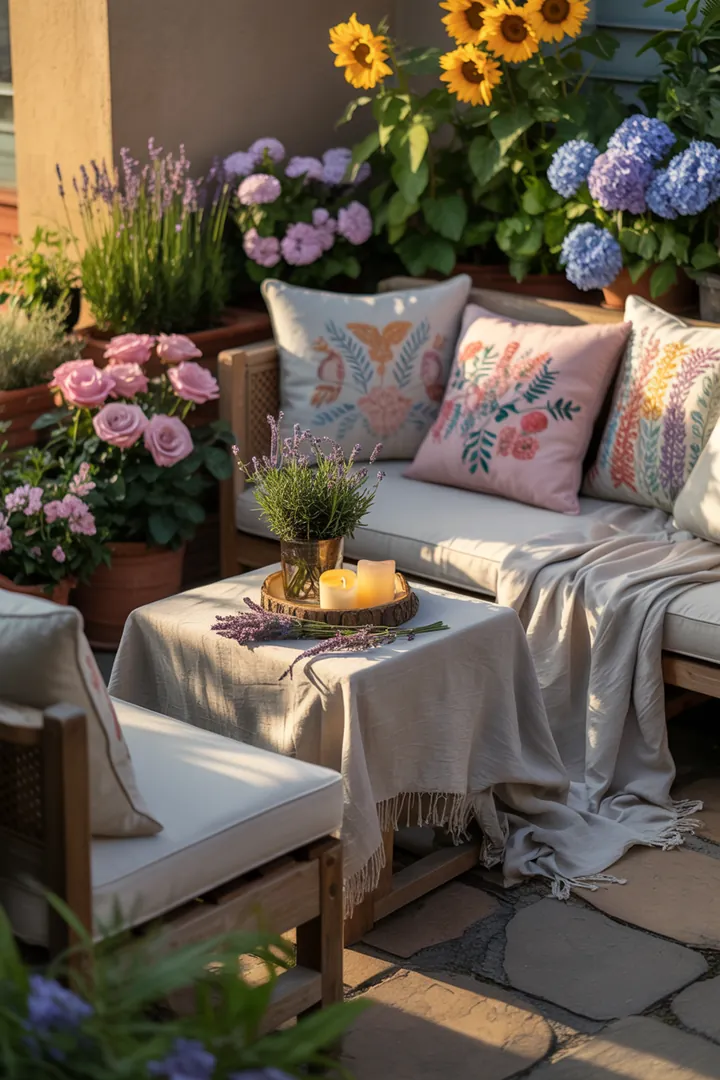 Vielseitige Gestaltungsmöglichkeiten für Außenbereiche mit kreativen Möbelanordnungen und stilvollen Deko-Elementen, die Gemütlichkeit und Eleganz ausstrahlen.