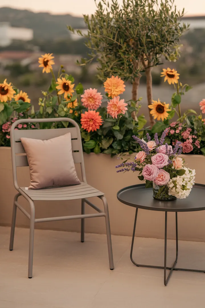 „Gemütliche Außenfläche mit kreativen Möbelkombinationen und stilvollem Styling, die inspirierende Ideen für die Terrassengestaltung bieten.“