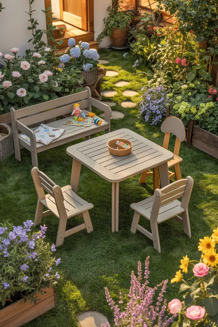 Ein stilvolles Set für Mahlzeiten im Freien, das eine einladende Atmosphäre für gesellige Stunden im Garten schafft. Perfekt für entspannte Abende.