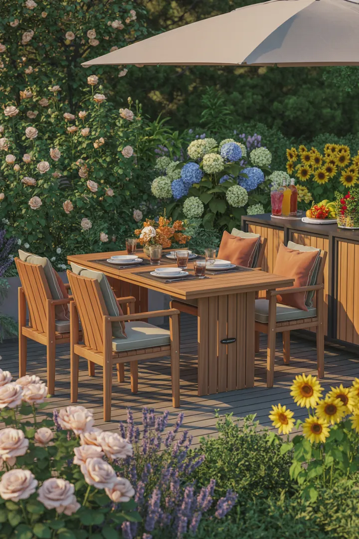 Gemütliche Sitzgruppe im Freien mit stilvollem Tisch und Stühlen, ideal für gesellige Mahlzeiten und entspannte Stunden im Garten.