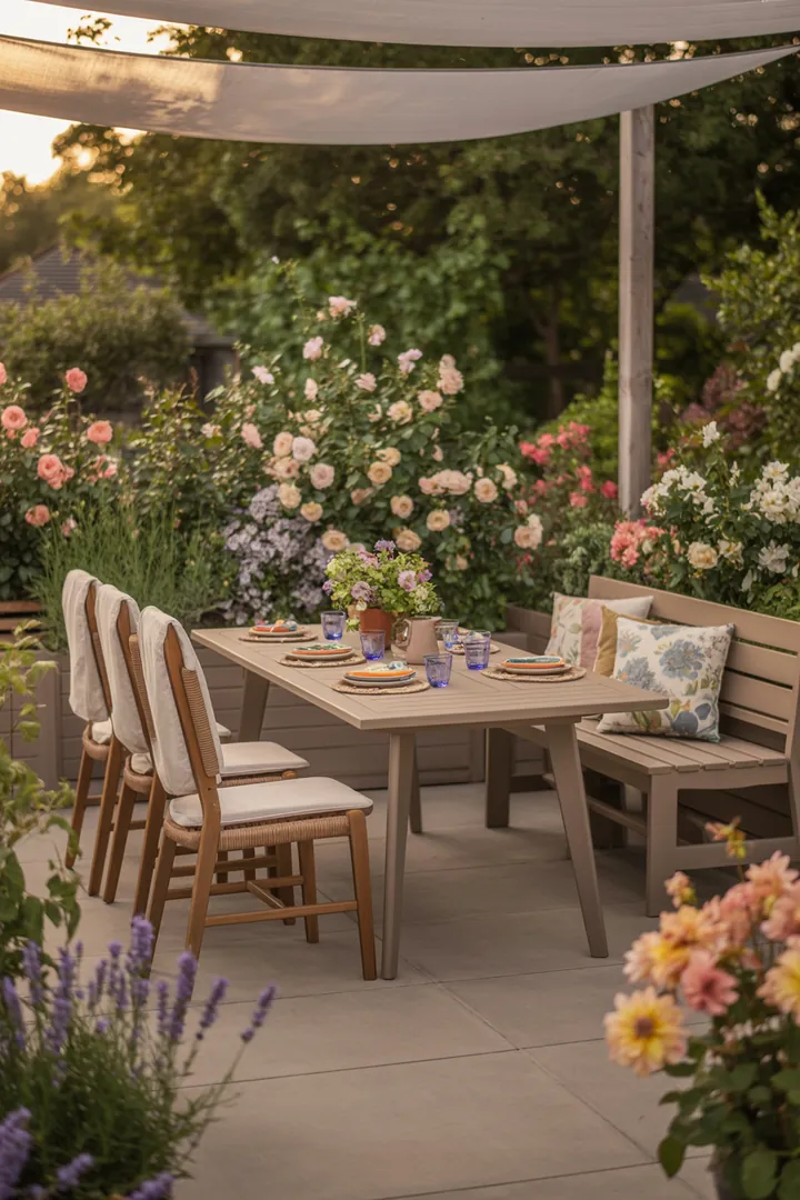 Stylisches Esstisch-Set für den Außenbereich, ideal für gesellige Zusammenkünfte, bestehend aus eleganten Gartenmöbeln und einer einladenden Tischgruppe.