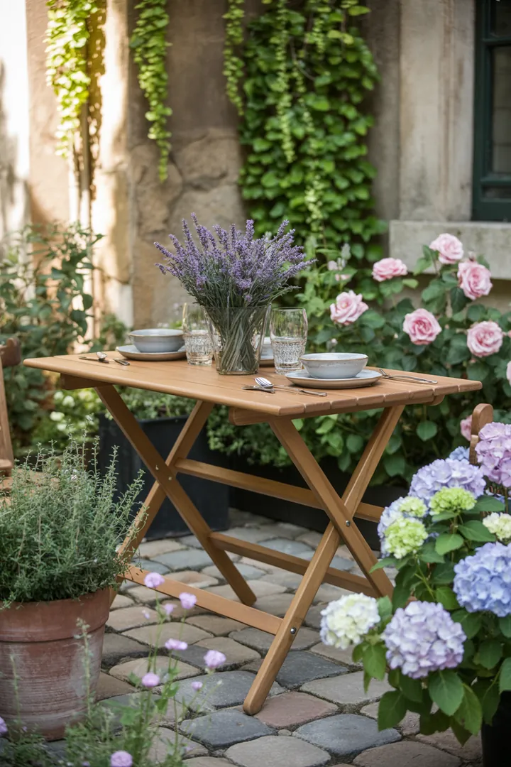 Stylische Möbel für den Außenbereich, ideal für gesellige Essen im Freien, darunter ein elegantes Set für den Esstisch und eine gemütliche Tischgruppe für die Terrasse.