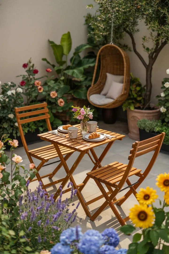 Elegantes Set für das Esszimmer im Freien, ideal für gesellige Mahlzeiten im Freien, bestehend aus einem stilvollen Tisch und bequemen Stühlen.