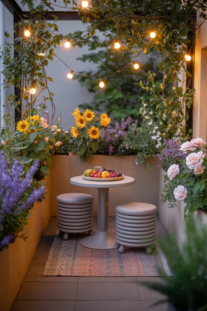 Ein stilvolles Set aus Gartenmöbeln, ideal für gesellige Outdoor-Essens-Momente, bestehend aus einem eleganten Esstisch und passenden Stühlen in einer einladenden Terrasse.