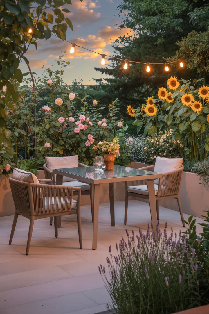 Gemütliche Sitzgruppe im Freien mit eleganten Möbeln für gesellige Mahlzeiten und entspannte Momente im Garten oder auf der Terrasse.