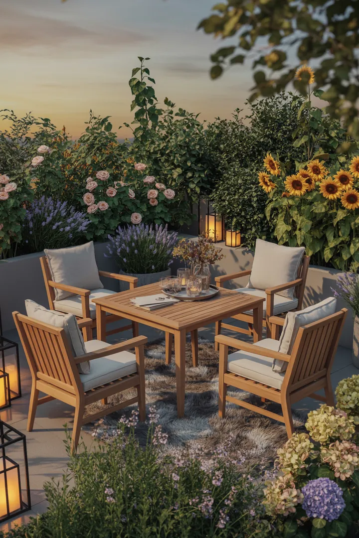 Gemütliche Sitzgruppe im Freien mit stilvollem Tisch, ideal für gesellige Mahlzeiten und entspannte Abende auf der Terrasse.