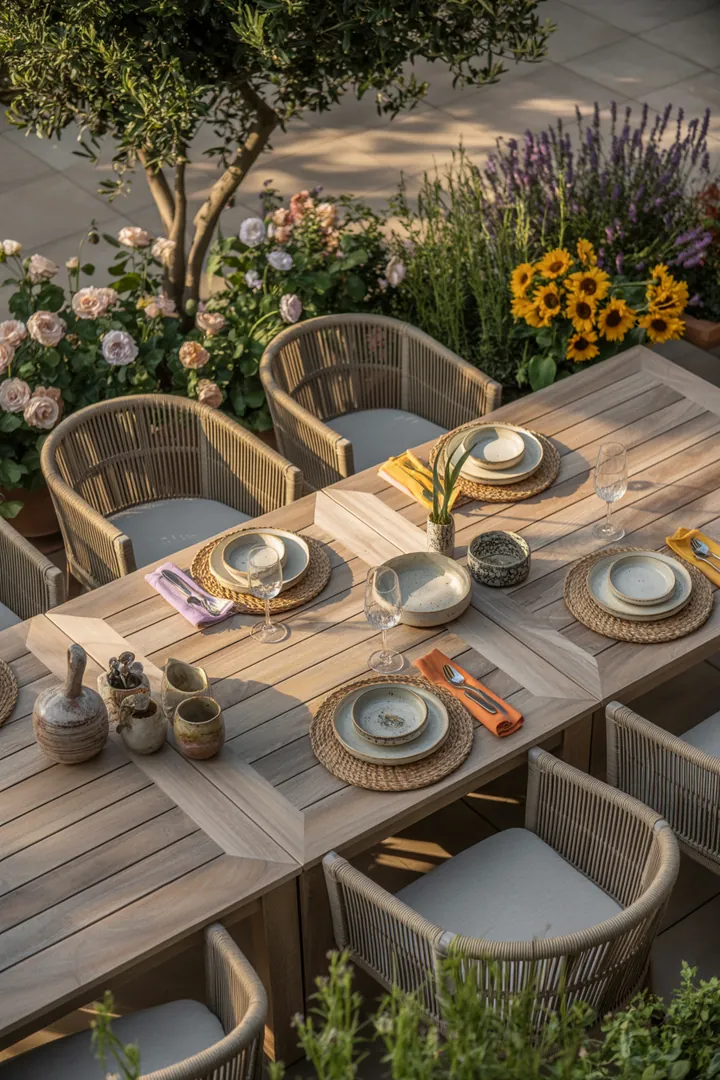 Elegante Sitzgruppe für den Außenbereich, ideal für gesellige Mahlzeiten im Freien, bestehend aus einem stilvollen Tisch und bequemen Stühlen.