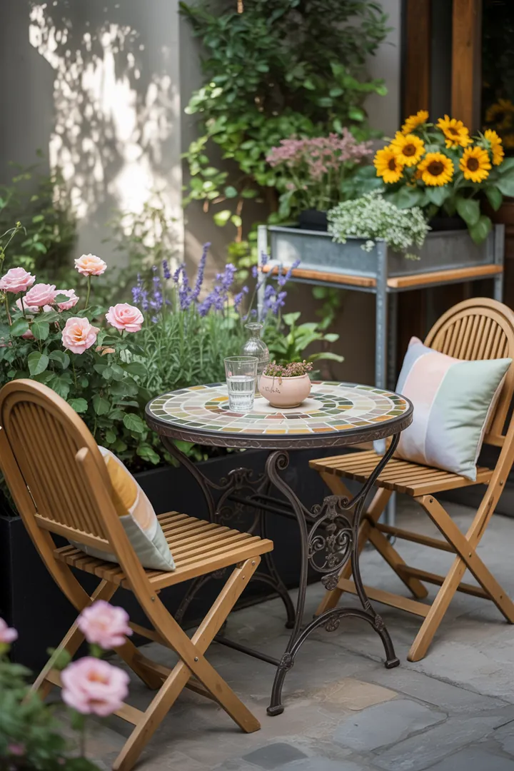 Gemütliche Sitzgruppe im Freien, ideal für gesellige Mahlzeiten und entspannte Stunden, bestehend aus stilvollem Esstisch und bequemen Stühlen. Perfekt für jedes Outdoor-Setting.