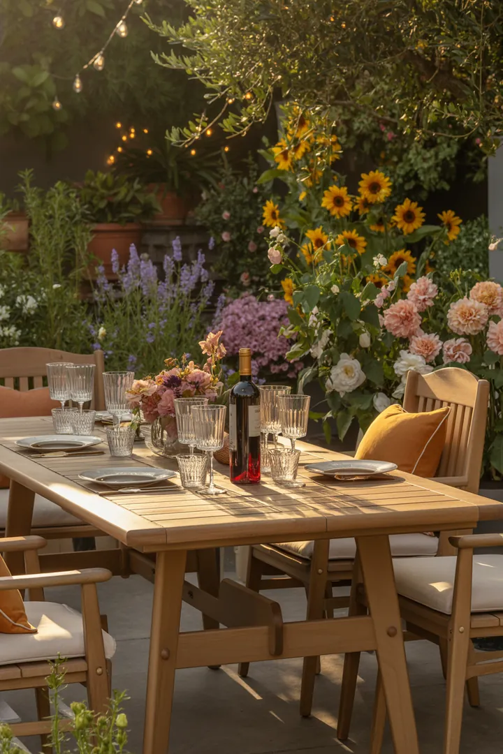 Ein stilvolles Esstisch-Set für den Außenbereich, ideal für gesellige Zusammenkünfte und entspannte Mahlzeiten im Freien. Komfortable Gartenmöbel bilden eine harmonische Terrasse.