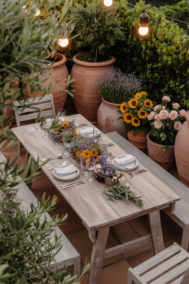 „Gemütliche Sitzgruppe im Freien mit stilvollem Esstisch-Set, ideal für entspannte Outdoor-Mahlzeiten und gesellige Abende auf der Terrasse.“