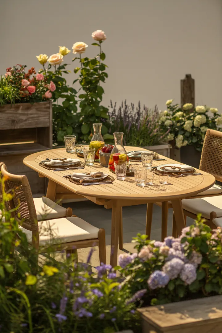 Elegante Möbel für den Außenbereich, ideal für gesellige Mahlzeiten im Freien und entspannte Stunden auf der Terrasse. Perfekte Kombination für jede Gartengestaltung.