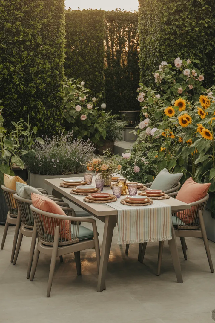 Eine stilvolle Möbelgruppe für den Außenbereich, ideal für gesellige Mahlzeiten im Freien, bestehend aus einem eleganten Tisch und bequemen Stühlen.