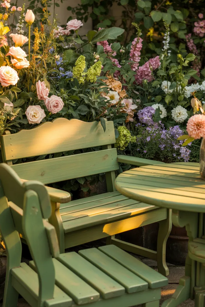 Eine Person arbeitet an der Auffrischung von Holzmöbeln im Freien, indem sie einen neuen Anstrich aufträgt und dabei Holzpflegeprodukte verwendet.