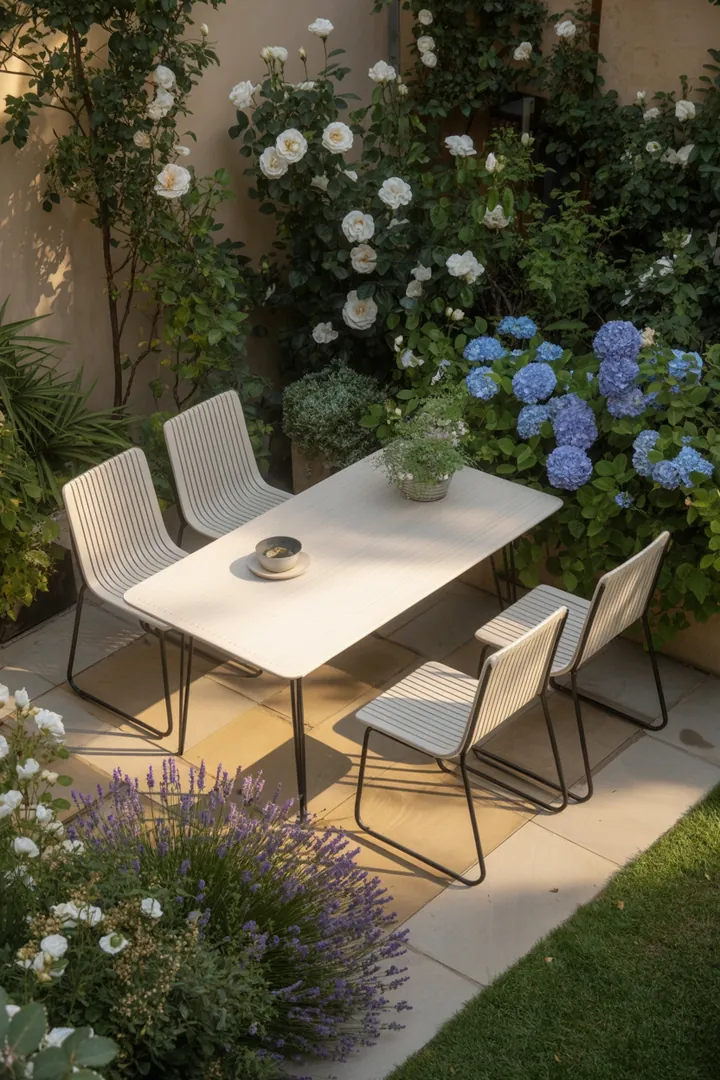 Ein Handwerker bringt frische Farbe auf stilvolle Gartenmöbel aus Holz, um deren Schönheit zu betonen und sie vor Witterungseinflüssen zu schützen.