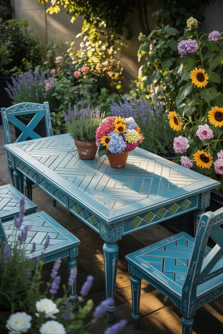 Ein Handwerker, der im Freien mit Pinsel und Farbe eine Holzoberfläche bearbeitet, um die Gartenmöbel zu erneuern und zu schützen.