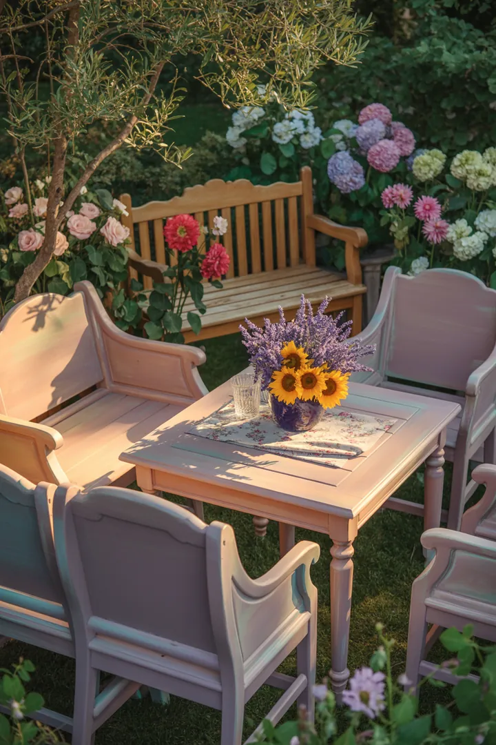 Ein handwerklicher Prozess, bei dem Außenmöbel mit umweltfreundlicher Farbe behandelt werden, um deren Langlebigkeit und Schönheit zu steigern.