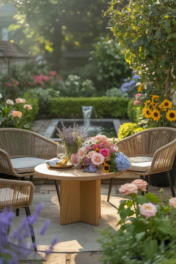 Elegante und stilvolle Gartenmöbel in einem einladenden Außenbereich, ideal für entspannte Stunden im Freien, inklusive komfortabler Sitzgelegenheiten und harmonischem Design.