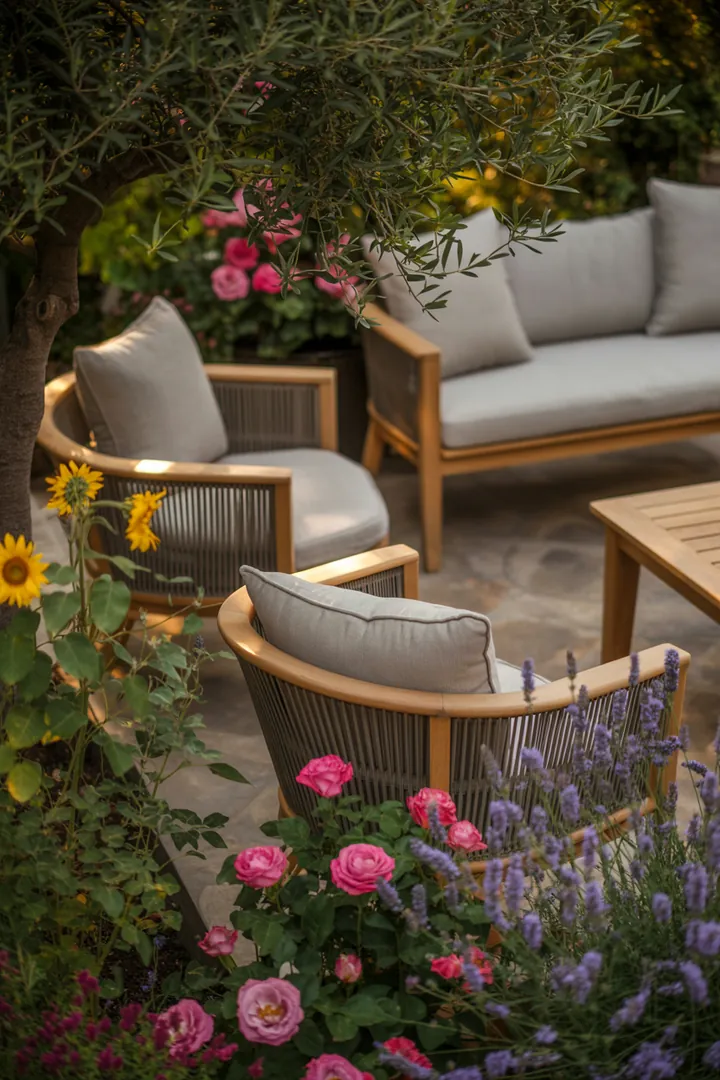 Elegante Sitzgruppe im Freien mit stilvollen Gartenstühlen und einem modernen Tisch, perfekt für entspannte Momente im Freien und ansprechendes Outdoor-Design.