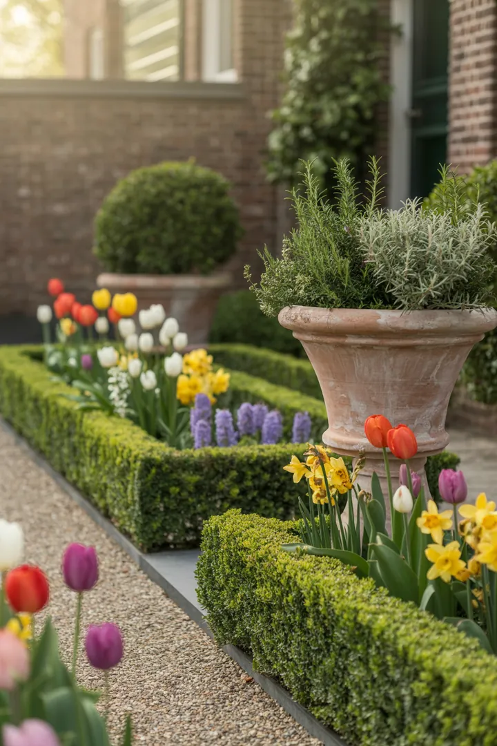 Ein stilvoller Pflanzkübel mit bunten Blumenzwiebeln, umgeben von Kies und einer gepflegten Rasenkante, neben einer Formschnittschere für den perfekten Buchs-Ersatz.