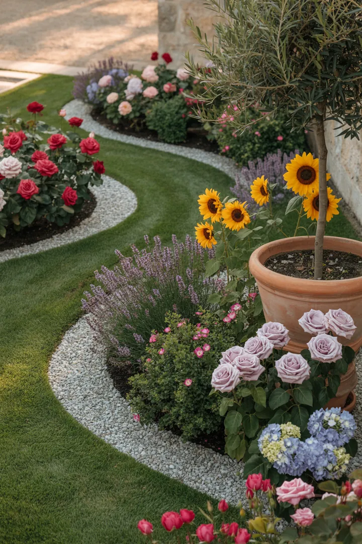 Ein stilvoll gestalteter Garten mit Pflanzkübeln, umgeben von Kies und einer eleganten Rasenkante, während Blumenzwiebeln und Buchs-Ersatz mit einer Formschnittschere gepflegt werden.