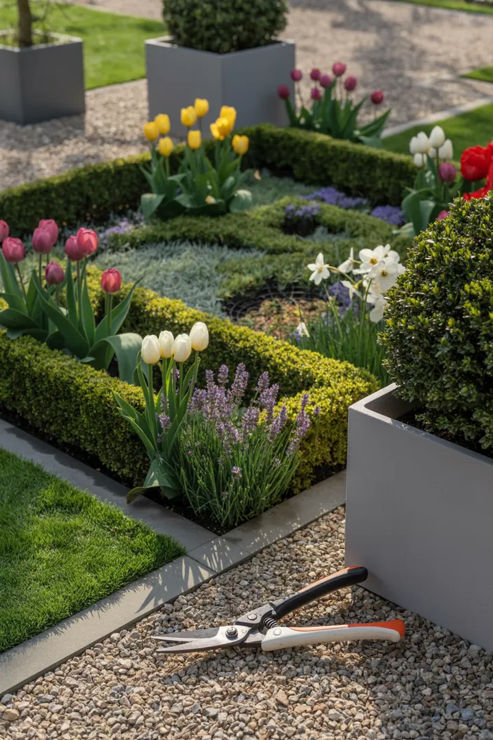 Eine gepflegte Gartenlandschaft mit einem Pflanzkübel, umgeben von Kies, und einer Rasenkante, die Blumenzwiebeln mit präzisem Formschnitt ergänzt.