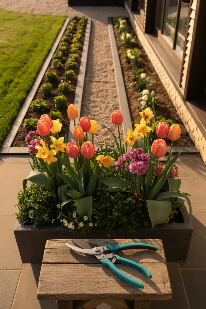 Ein stilvoll gestalteter Garten mit dekorativen Pflanzkübeln, einer gepflegten Rasenkante aus Kies und bunten Blumenzwiebeln, perfekt für kreative Gartengestaltung.